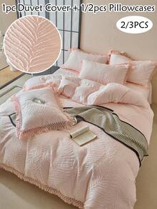 2/3pcs Pink Leaves Pattern Tufted Polyester Duvet Cover Set With Tassels, Modern Chic Cute Kids Bedding Set For All Seasons, Teens Comforter Cover Set, Soft& Breathable, Machine Washable,( 1 Duvet Cover+ 1/2 Pillowcases)