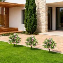 Tzou 2Pcs 2FT Artificial Bougainvillea Trees With Flowers, Realistic Faux Plants With Ground Spikes For Outdoor Garden, Porch, Patio Decor - 粉色 - 查看 7