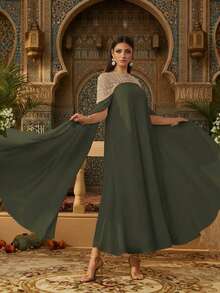 Váy Kaftan dài tay thanh lịch với họa tiết đính cườm nặng, váy Abaya dài sang trọng dành cho nữ, váy kín đáo, váy Ả Rập dành cho nữ - xanh quân đội - Xem 2