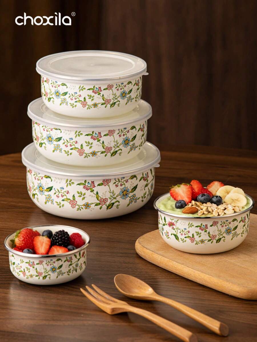 choxila 3/5件套搪瓷搅拌碗套装，带盖嵌套储物碗套装，适用于水果、麦片、冰淇淋、沙拉等食材，也可作盛菜碗，嵌套式食品储物容器，适合家庭厨房、露营、斋月、宰牲节等场合。