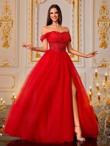 VIPGIRL New Red Off-Shoulder Fishbone Sequin Contrast Mesh Elegant Waist-Flattering Women's Formal Evening Gown - Red - View 5