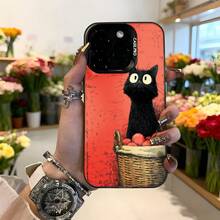 Cubierta de teléfono con diseño de gato negro y cesta de frutas color rojo para iPhone estilo vintage ideal para amantes de los animales y decoración floral Aplicable a los teléfonos de la serie Apple y Galaxy - Blanco - Ver 1