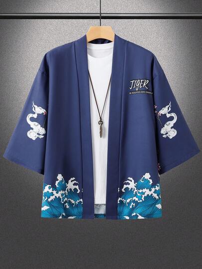Men's Japanese Kimono Cardigan Shirt - Traditional Tattoo Art Tiger & Wave Pattern, Glossy Texture 3/4 Sleeve Front Open Loose Casual Summer Robe, Machine Washable, Comfortable Fit, Artistic Print Design, Vibrant Color Fabric