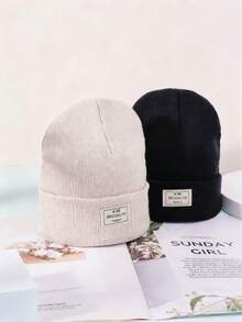 2pcs Letter Embroidered Unisex Casual Beanie Hats, Warm Winter Knit Caps For Men & Women, Versatile Outdoor Ear Protection