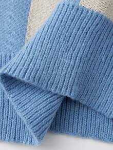 Womens Fall Winter Sweater Loose Fit Casual Checkered Ribbed Trim Crew Neck Long Sleeve Knit Tops - 藍色 - 查看 8