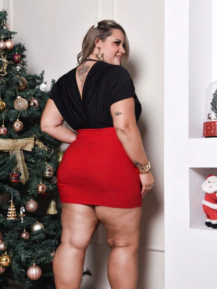 Plus Size Party Set: Shorts Skirt With Belt And V-Neck Bodysuit With Ruffled Sleeves, Perfect For Clubbing, Parties, Christmas, New Year's Eve. - 紅色 - 查看 2
