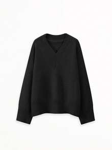 女士纯色罗纹针织套头毛衣，时尚优雅，宽松版型，秋冬黑色 - 黑色 - 查看 8