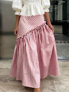 Fashionable Loose A-Line Striped Patchwork Slimming Pleated Skirt, Versatile - Red - View 2