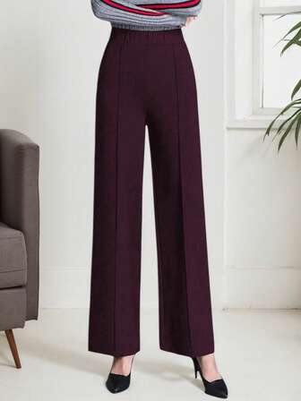 女士纯色牙签设计直腿宽松优雅办公裤