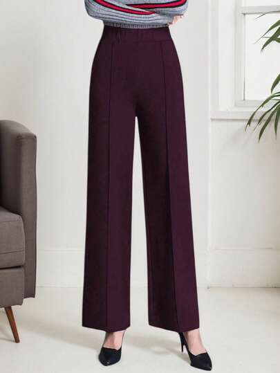 女士纯色牙签设计直腿宽松优雅办公裤