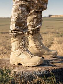 Men's Outdoor Work Boots Side Zip Hiking Motorcycle Combat Boots - 卡其色 - 查看 9