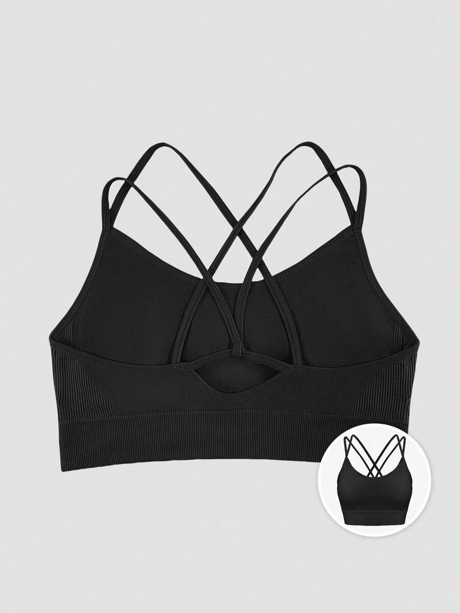 LianShengFa 1pc Women Yoga Sports Bra With Removable Pads, Criss-Cross Back Design - Black - View 1