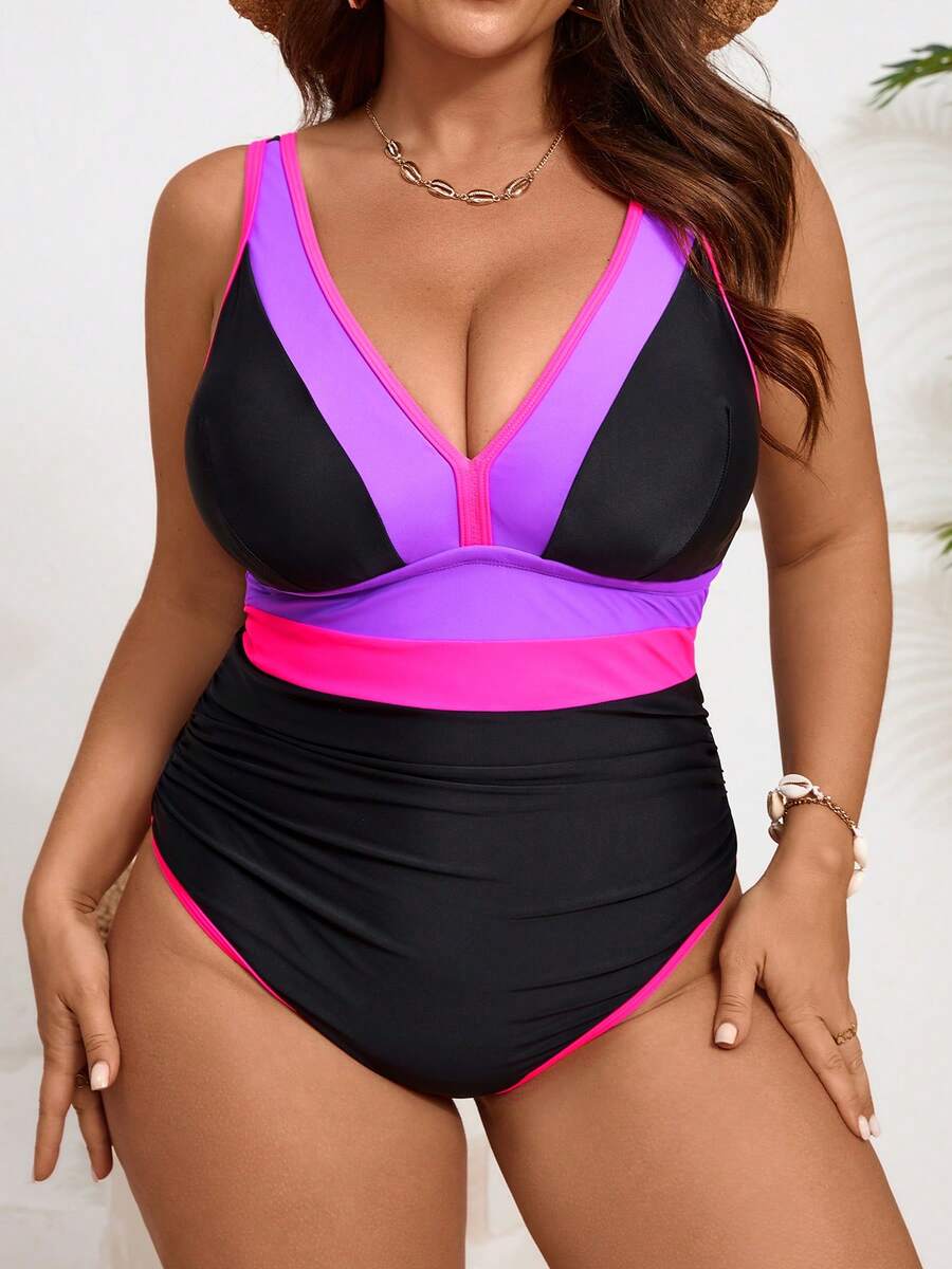 Bộ bikini nylon phối màu cỡ lớn, áo tắm một mảnh ngoại cỡ dành cho nữ, trang phục đi biển phong cách Bohemian màu đen cho kỳ nghỉ hè. - màu đen - Xem 1