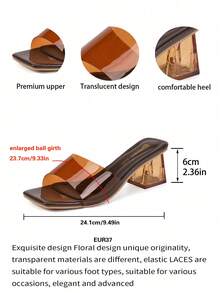 Wide Fit Brown Elegant Square Toe Strap Crystal Heel Sandals For Women, Summer Fashion Outdoor Non-Slip Thick Heel Slide Sandals Suitable For Wide Feet - Brown - View 2
