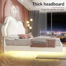 Floating Upholstered Bed Frame With LED Light, Cute Cloud Headboard For Girls, Sturdy Construction, Easy Assembly, No Box Spring Needed - 白色 - 查看 2
