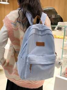 Mochila minimalista de gran capacidad para mujer de unicolor, mochila funcional de pana con parche de letra, de gran capacidad, ligera y portátil, perfecta para adolescentes, mujeres, estudi - Azul - Ver 11