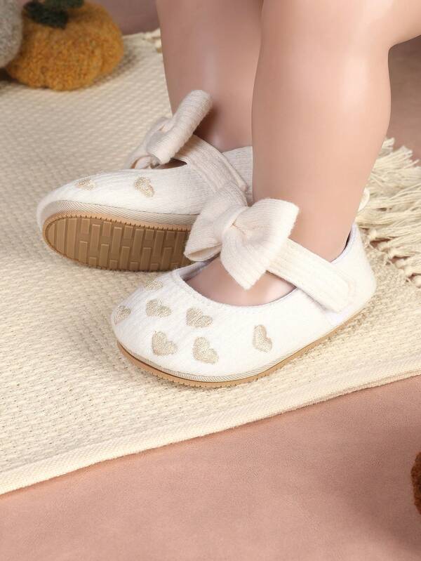 Autumn New Princess Shoes With Bow & Heart Print, Sweet Style Flat Party Shoes For Infant Girl 1st Birthday/Toddler