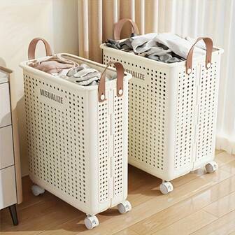 1/2pcs Foldable Laundry Basket With Wheels - Durable Plastic Storage Bin, Large Capacity, With Handle, Suitable For Bathroom, Balcony, Home Organization - Multipurpose Gift & Miscellaneous Storage Box, Lightweight Storage Basket, Wheeled Storage Bin