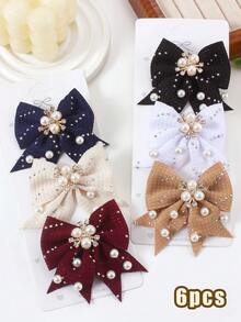 6pcs Solid Color Rhinestone Textured Bow Hair Clips, Elegant Pearl Crystal Barrettes, Suitable For Girls, Princesses, Daily Wear And Parties