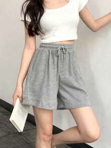 High Waist Casual Summer Shorts With Drawstring Waist, Suitable For Daily Wear And Vacation - Light Grey - View 1