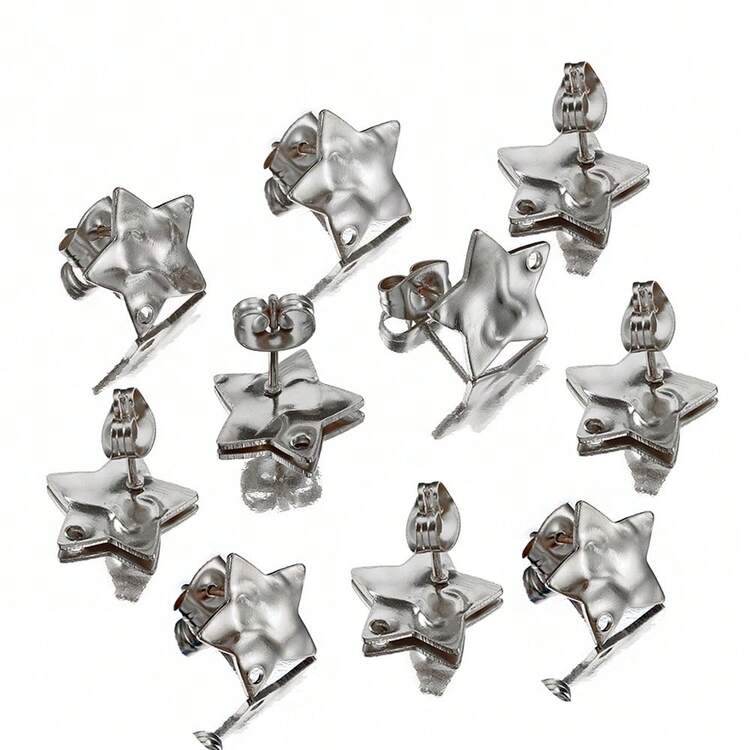 10pcs Stainless Steel Star Stud Earrings, Five-Pointed Star Embossed Vintage French Style Earring Findings For DIY Jewelry Making - H2609 - View 10