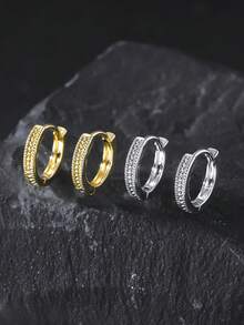 2pcs European & American Fashion Rhinestone Hoop Earrings, Personalized Copper Ear Rings, Suitable For Men And Women - Multicolor - View 9