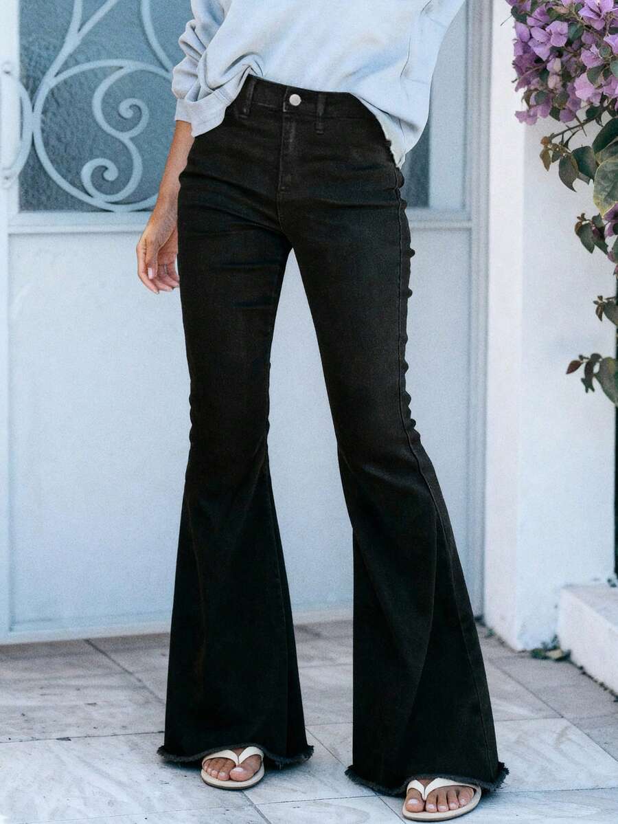 Women's Vintage Stretchy Flared Jeans,Ladies Casual Button,Pocket,Raw Hem,Ripped,Zipper High Waist Flare Leg Extra Long Black Curvy Regular Fit Women Jeans,Spring/Fall,Casual Daily Wear - Black - View 1