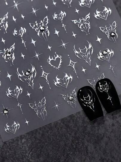 1pc Heart & Butterfly Nail Stickers - Glitter Self-Adhesive Nail Art Decals, Anime-Inspired Glossy Nail Decorations With Irregular Shapes For Women, Parties & Special Occasions, Nail Art Stickers, Party Accessories