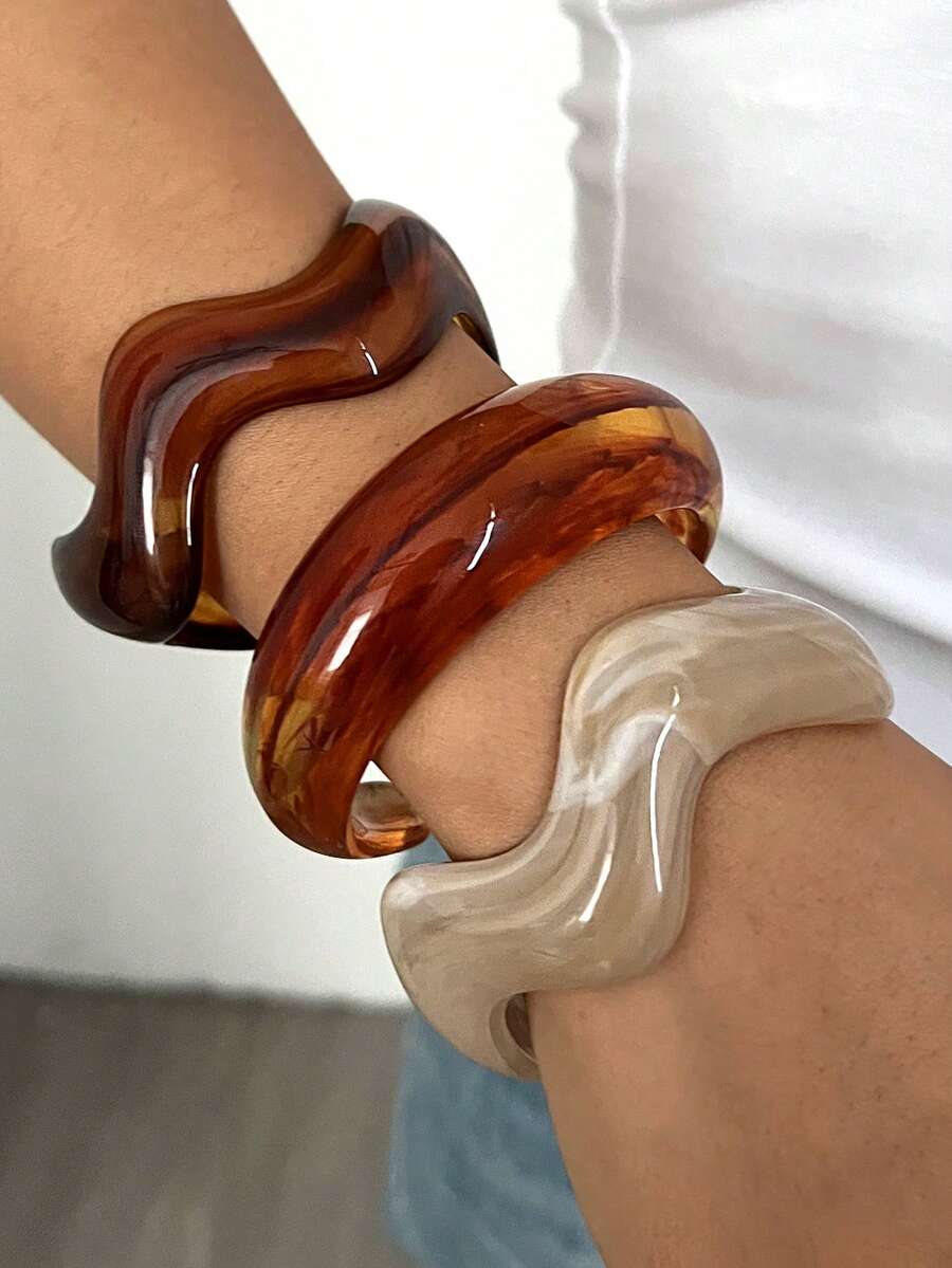 3pcs Vintage Minimalist Wavy Acrylic & Resin Material Bangle Bracelet Set For Women, Suitable For Daily Wear, Stackable, Perfect Gift Choice For Holidays - Multicolor 4 - View 1