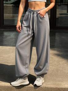 Livesso 抽绳弹力腰带和裤脚慢跑运动裤，女士慢跑裤 - 灰色 - 查看 3