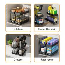 1pc/2pcs 2 Tier Multifunctional Plastic Storage Rack, Large Capacity Double Layer Cabinet Storage Organizer, Drawer Type Storage Shelves For Seasoning Bottle & Spice Jar, Pull Out Under Sink Organizer, Suitable For Cabinet, Kitchen, Restaurant And Bathroom, Space-Saving Storage Holder