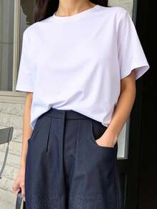 DAZY Solid Color Loose Fit Short Sleeves Base Women's T-Shirt With Round Neckline Summer - White - View 4