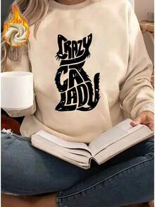 2026 Valentine Outfits For Women Crazy Cat Wizard Personality Print Women's Daily Casual Fleece Thickened Pullover Sweatshirt Loose And Comfortable Valentine's Day - 杏色 - 查看 12