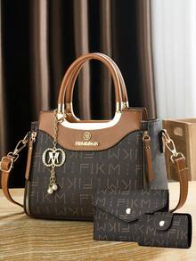 女士时尚包包套装 - 优雅几何印花，人造革手提包配斜挎包和手拿包 - 米色 - 查看 7