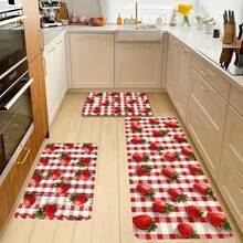 Strawberry Pattern Kitchen Rugs Set, Polyester Non-Slip PVC Back, Washable Machine Made Area Mats For Home, Bathroom, Bedroom - Rectangular Decorative Floor Pads, Easy Clean Indoor Carpet - màu đen - Xem 7