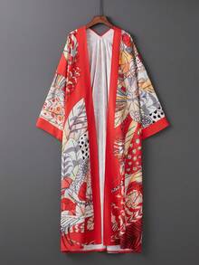 Retro Elegant Mid-Length Loose Printed Robe Kimono Cover Up, Beach Cover Up, Summer Vacation Swimsuit Cover-Up, Sun Protection - Red - View 2