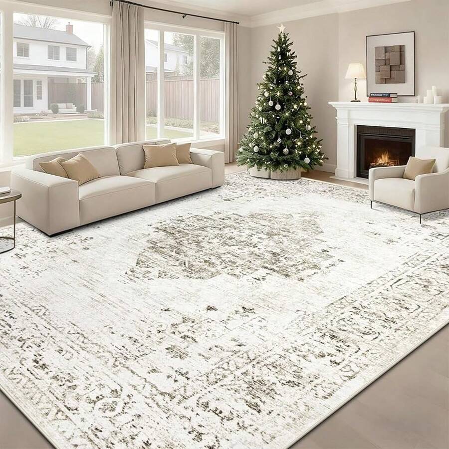6x9 Washable Large Retro Soft Non-Slip Low Pile Area Rugs Living Room, Bedroom, Dining Room, Office (Beige, 6' X 9') - 灰褐色 - 查看 1
