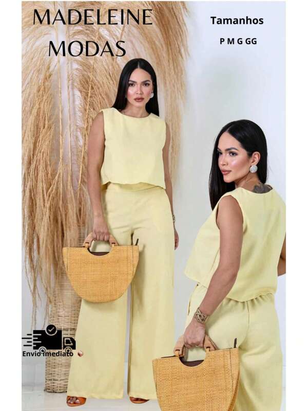 Conjunto Feminino Linho Blusa Regata e Calça com Elástico – Look Elegante P M G GG