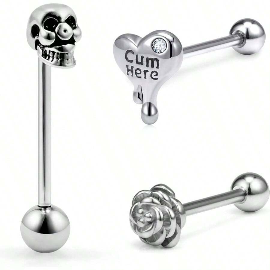 14G Tongue Piercing Jewelry - Heart, Skull, Flower Tongue Rings Women Men - Surgical Steel, Silver, Black, Gold - Silver Tone - 查看 1