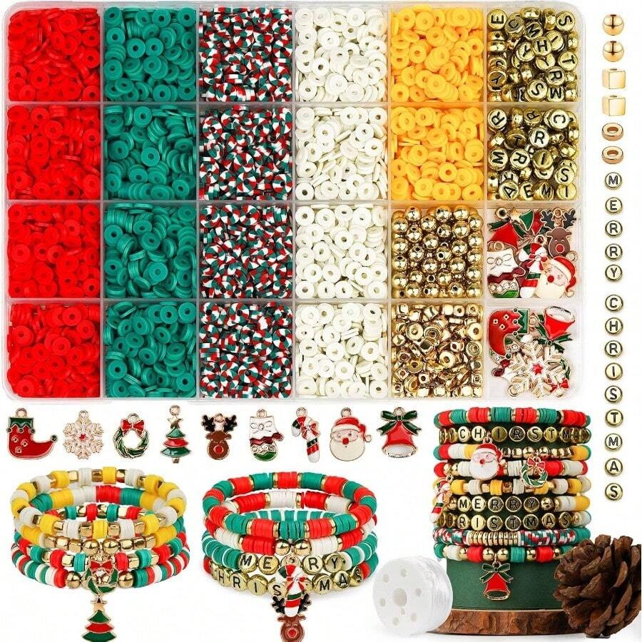 Beads Bracelets, Clay Beads Bracelat Making Kit Golden Beads Crafts Stocking Stuffers Decorations Charms Jewelry Making, Gifts Teen Age 6 - 12 - 聖誕的喜悅 - 查看 1
