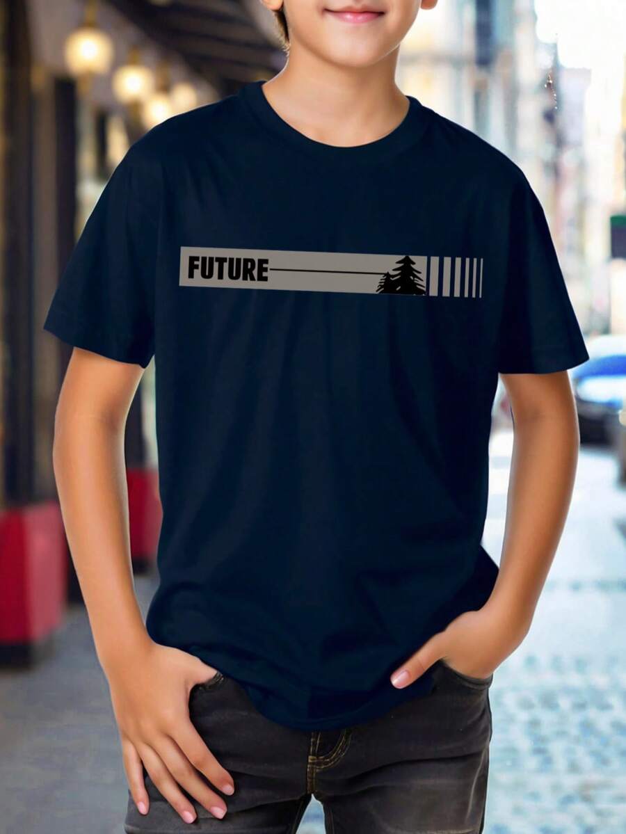 Teen Boys' Geometric Forest Print Casual Everyday Versatile Crew Neck Short Sleeve T-Shirt - Navy Blue - View 1