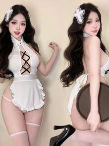 Cute Maid Lingerie Set – Open-Bust & Crotchless Teddy, Sweet Pure-Sweet Roleplay Costume For Bedtime Seduction - 白色 - 查看 2