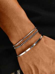 3pcs Stainless Steel Silver C-Shape Chain Adjustable Bracelet Set, Simple & Fashionable Accessories Suitable For Men, Great Gift For Father's Day, Valentine's Day, Dates, Boyfriend's Birthday, Christmas, New Year Holiday - 3-piece Set - View 5