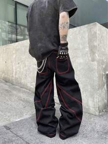 1 chiếc quần jeans nam denim mài kiểu cổ điển, thêu họa tiết gai nhọn, dáng rộng ống quần (Không bao gồm thắt lưng và phụ kiện) - màu đen - Xem 5