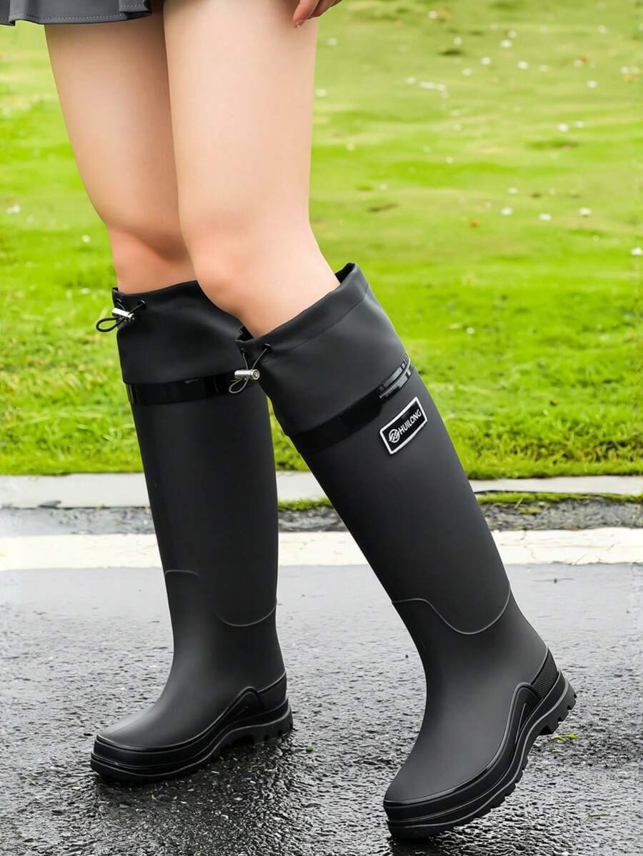 女士时尚高筒雨靴，弹性靴口，防水防滑，适合洗车、钓鱼、厨房活动、户外水上活动 - 黑色 - 查看 1