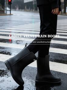 时尚新款防水雨靴，柔软舒适的橡胶靴，长筒靴，适合年轻女性，成人黑色雨季靴，可用于钓鱼、洗车、徒步旅行，轻便防水鞋，适合户外雨天穿着，女士冬季靴，女士橡胶鞋，女士雨鞋，女士冬季靴 - 黑色 - 查看 4