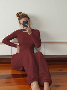 2pcs Casual Solid Color Co-Ord Sets For Women, Autumn Drawstring Tracksuit, Comfortable Sporty Homewear, Fitted Cute & Sweet Daily Wear - Burgundy - View 3