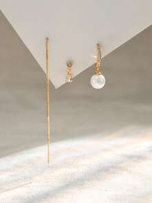 3件套优雅法式耳环套装，铜镶嵌立方氧化锆和仿珍珠耳环，威尼斯耳环，适合派对和日常佩戴 - 金黃色 - 查看 3