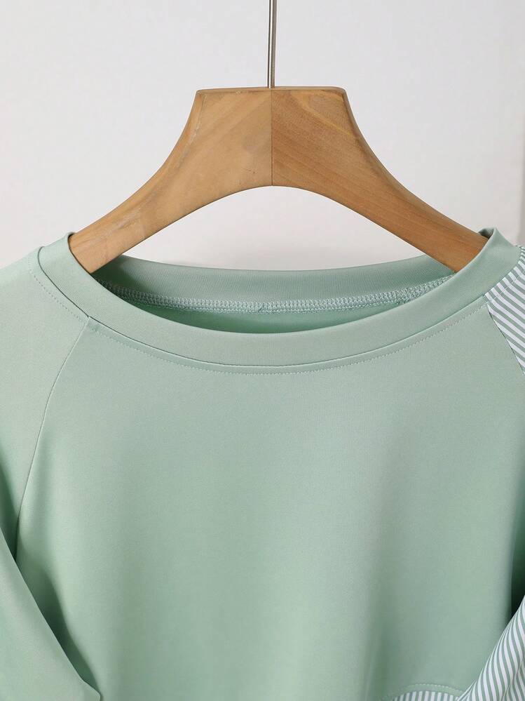 1pc Striped Patchwork Contrast Color Ribbed Button Women Blouse, Daily Wear, Spring/Autumn, White, Black, Blue, Pink, Green, Yellow - Mint Green - View 3