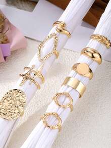 10pcs Set Metallic Lava Line Exaggerated Asymmetrical Geometric Joint Rings, Suitable For Party, Vacation, Gift Giving, And Daily Wear - Gold - View 3